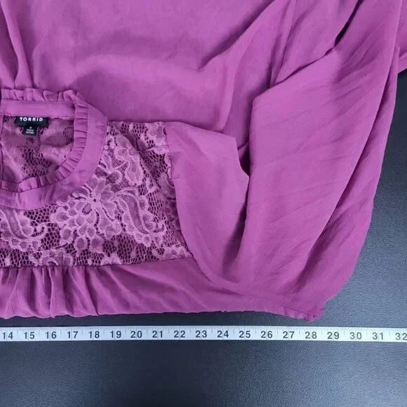 Torrid Womens Babydoll Tiered Top Purple 4x Lace Embroidered Long Sleeve Flowy - Picture 6 of 7